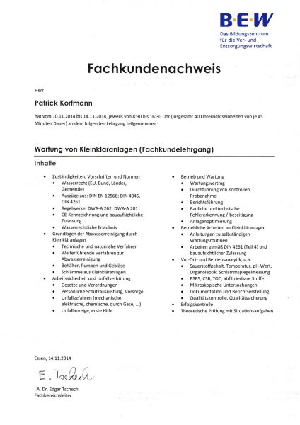 Zertifikat BEW-Fachkundenachweis PK