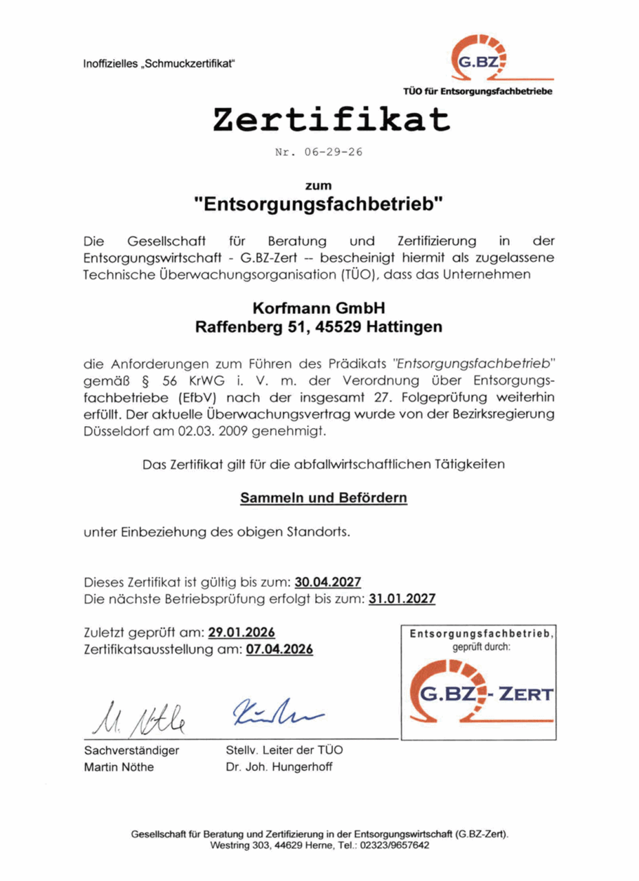 Zertifikat der Korfmann GmbH als Entsorgungsfachbetrieb
